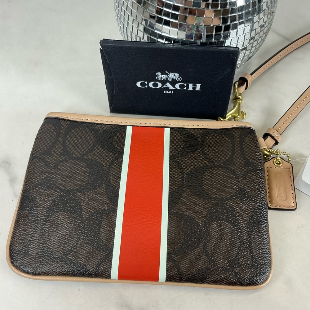 New Coach Signature Brown Vermillion Wristlet Bag with Red White Stripe‎ - Picture 4 of 10